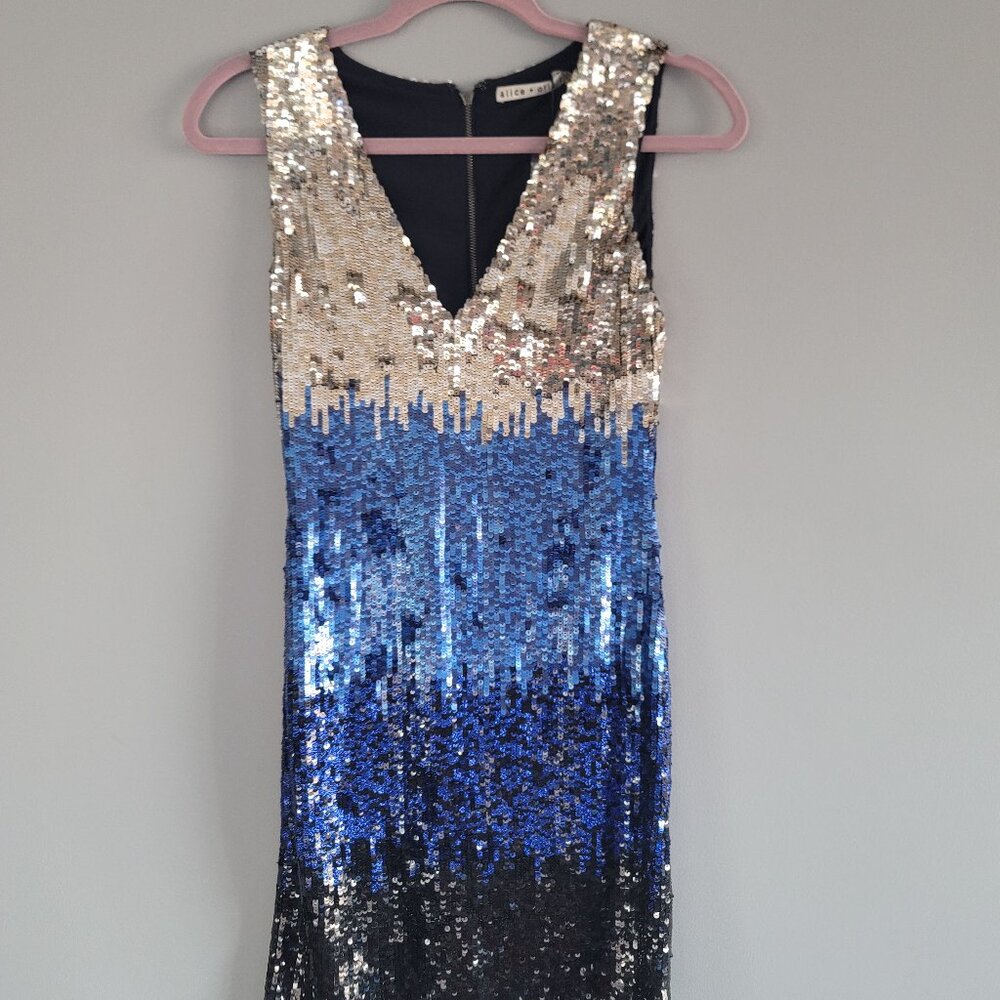 Alice + Olivia Blue / Silver / Ombre Sequined Cocktail Dress